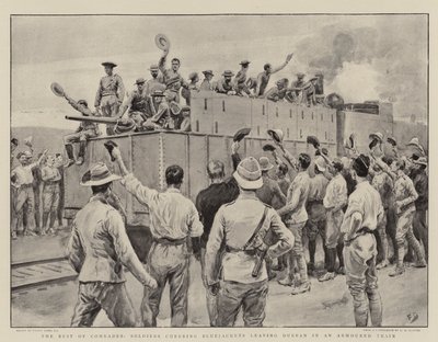 Los mejores camaradas, soldados animando a los marineros que salen de Durban en un tren blindado de Frank Dadd